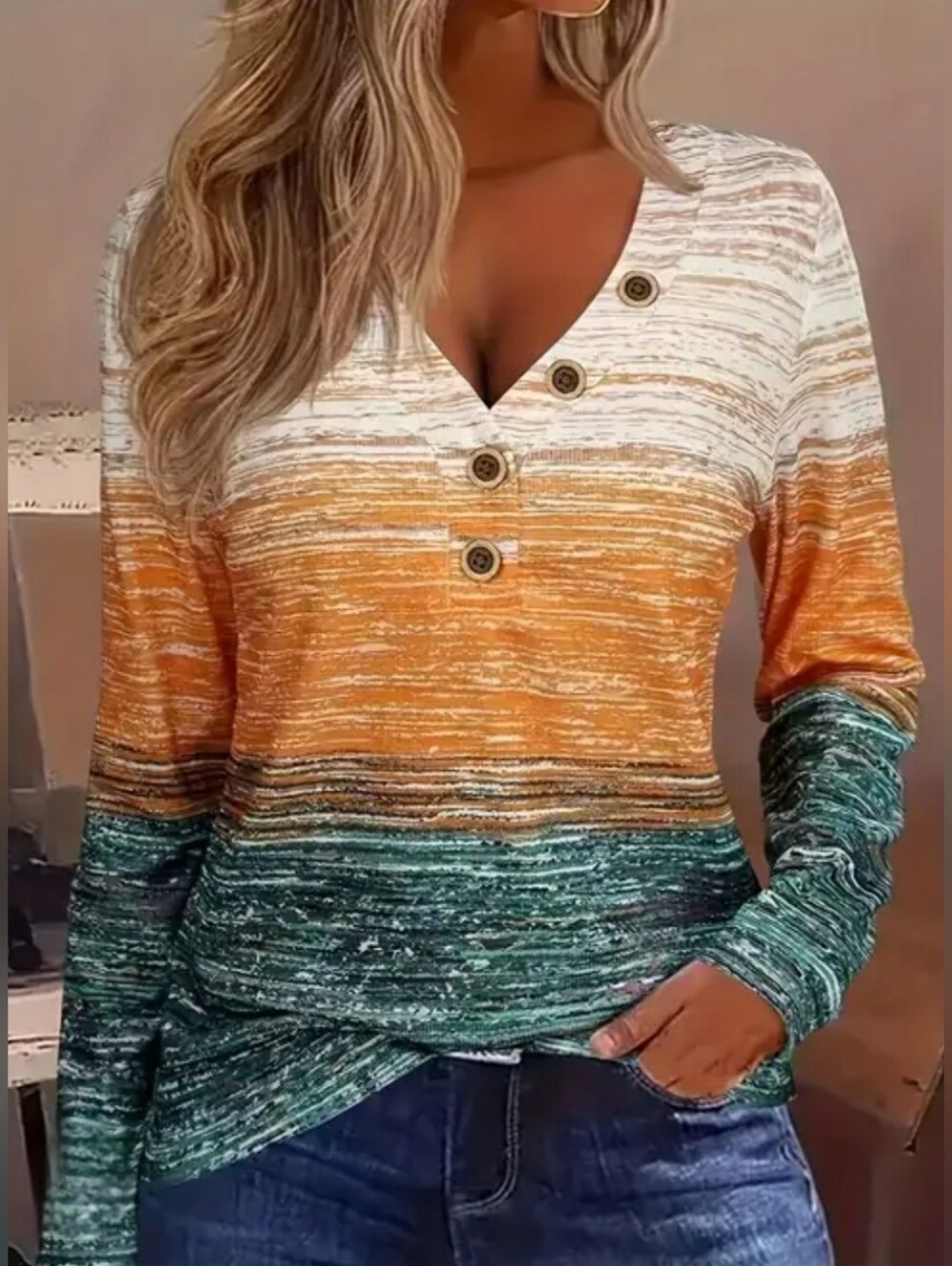 Women's Long Sleeved Shirt Top 4XL Pullover Blouse V-neck  Colorblock